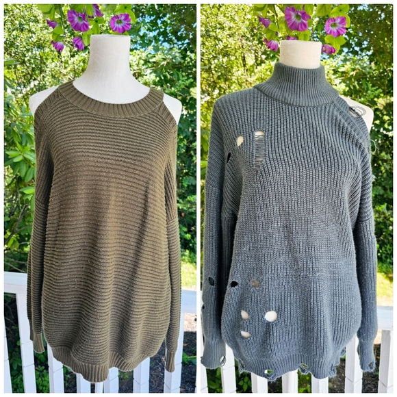 (2) Cold Shoulder Distressed Sweater Collection - Picture 1 of 10